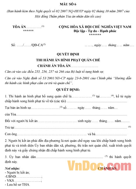 Mẫu quyết định thi hành án hình phạt quản chế