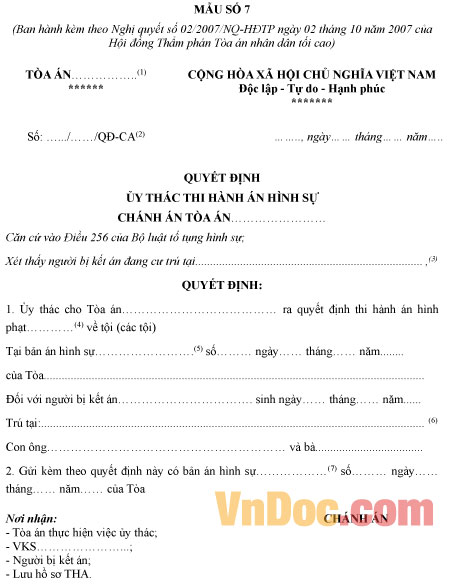 Mẫu quyết định ủy thác thi hành án hình sự