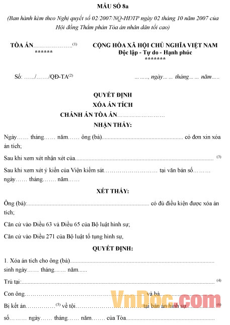Mẫu quyết định xóa án tích