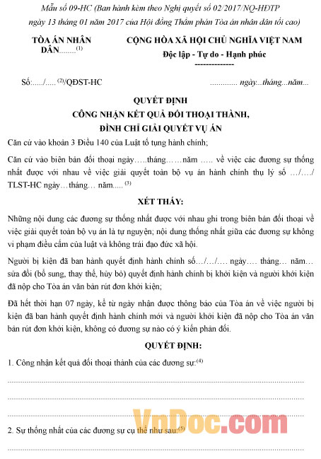 Mẫu số 09-HC: Quyết định công nhận kết quả đối thoại thành, đình chỉ giải quyết vụ án