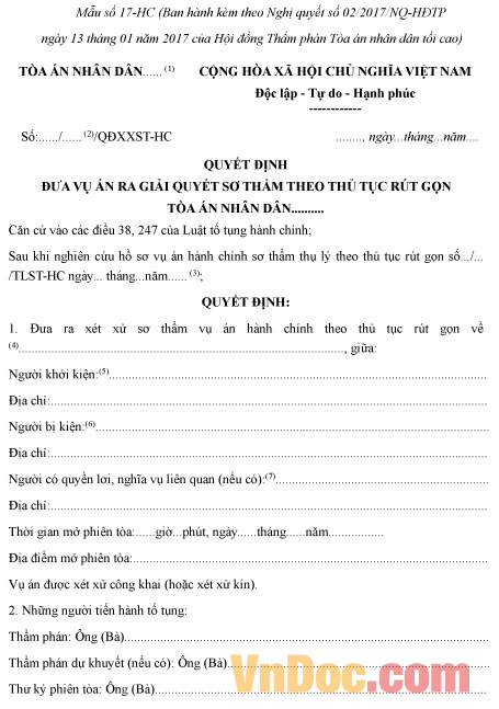 Mẫu số 17-HC: Quyết định đưa vụ án ra giải quyết sơ thẩm theo thủ tục rút gọn