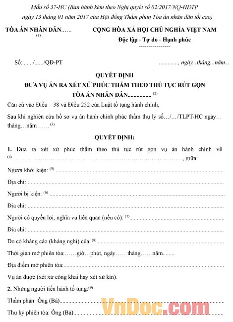 Mẫu số 37-HC: Quyết định đưa vụ án ra xét xử phúc thẩm theo thủ tục rút gọn