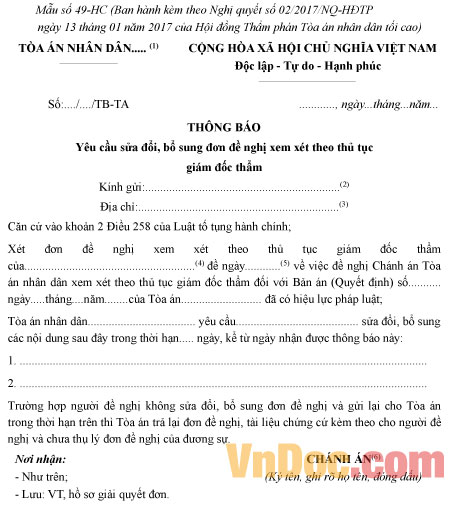 Mẫu số 49-HC: Thông báo yêu cầu sửa đổi, bổ sung đơn đề nghị xem xét theo thủ tục giám đốc thẩm