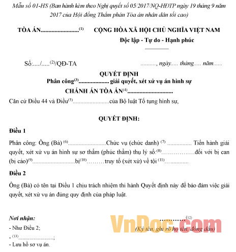 Mẫu số 01-HS: Quyết định phân công giải quyết, xét xử vụ án hình sự