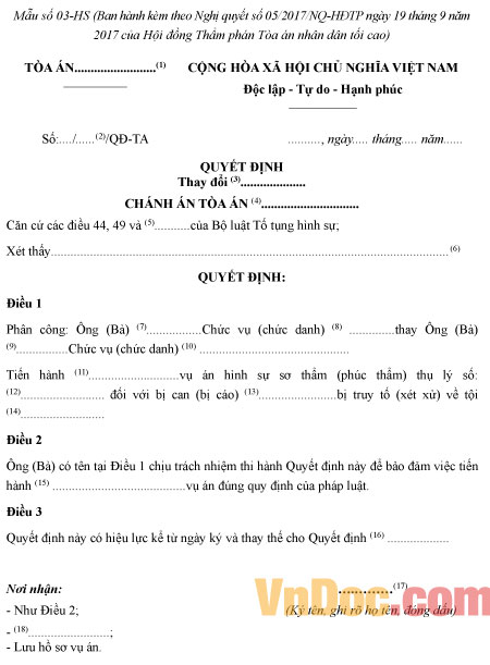 Mẫu số 03-HS: Quyết định thay đổi