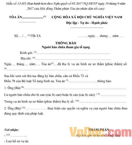 Mẫu số 13-HS: Thông báo người bào chữa tham gia tố tụng