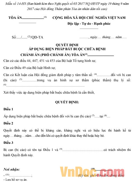Mẫu số 14-HS: Quyết định áp dụng biện pháp bắt buộc chữa bệnh