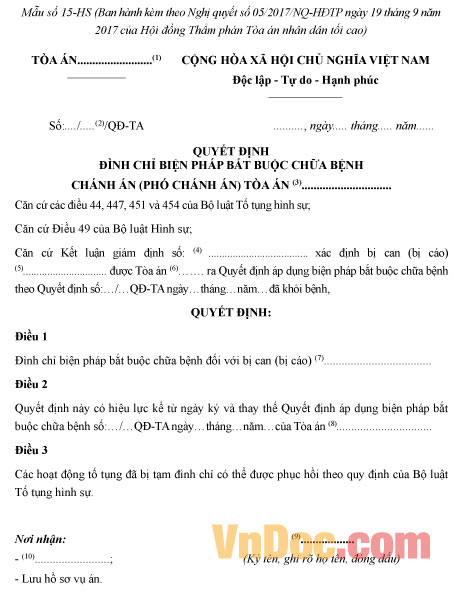 Mẫu số 15-HS: Quyết định đình chỉ biện pháp bắt buộc chữa bệnh