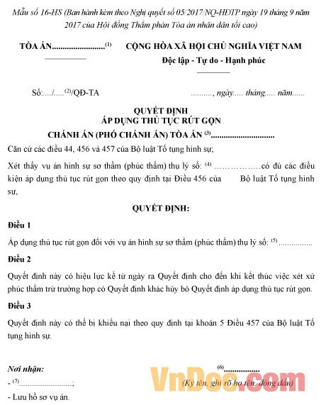 Mẫu số 16-HS: Quyết định áp dụng thủ tục rút gọn