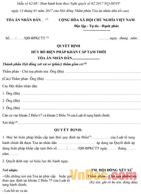 Mẫu số 62-HC: Quyết định hủy bỏ biện pháp khẩn cấp tạm thời