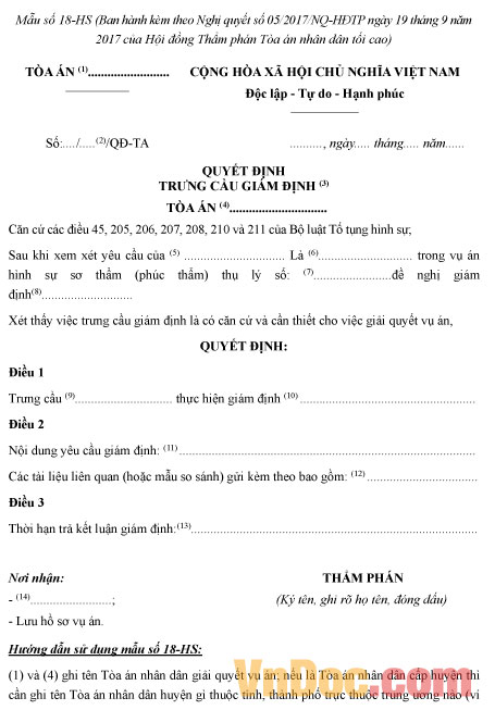 Mẫu số 18-HS: Quyết định trưng cầu giám định