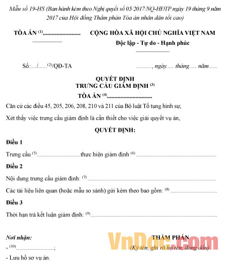 Mẫu số 19-HS: Quyết định trưng cầu giám định