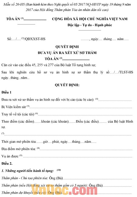 Mẫu số 20-HS: Quyết định đưa vụ án ra xét xử sơ thẩm