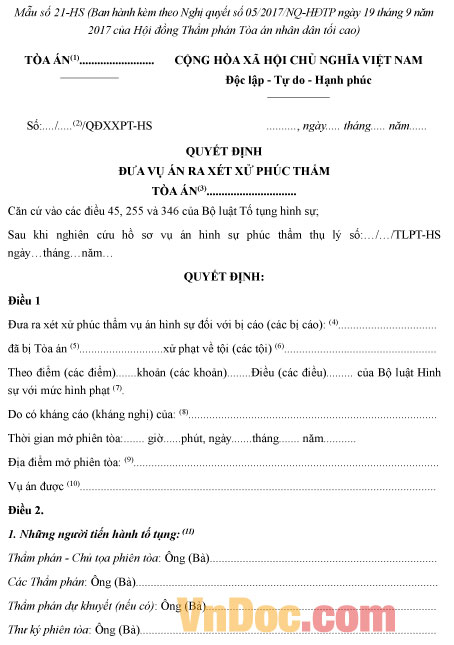 Mẫu số 21-HS: Quyết định đưa vụ án ra xét xử phúc thẩm