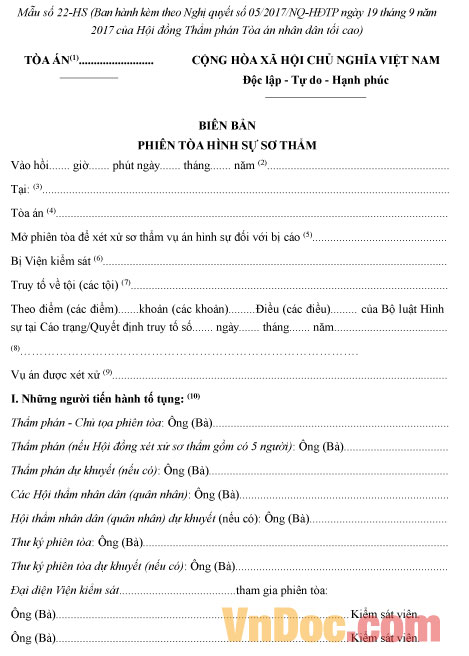 Mẫu số 22-HS: Biên bản phiên tòa hình sự sơ thẩm