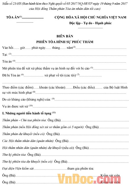 Mẫu số 23-HS: Biên bản phiên tòa hình sự phúc thẩm