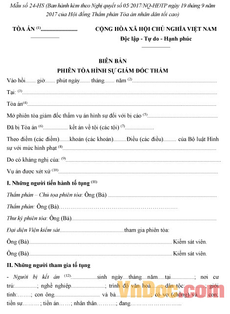 Mẫu số 24-HS: Biên bản phiên tòa hình sự giám đốc thẩm