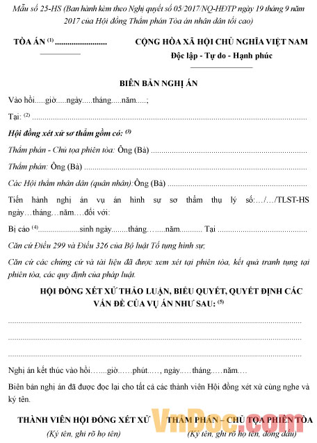 Mẫu số 25-HS: Biên bản nghị án vụ án hình sự