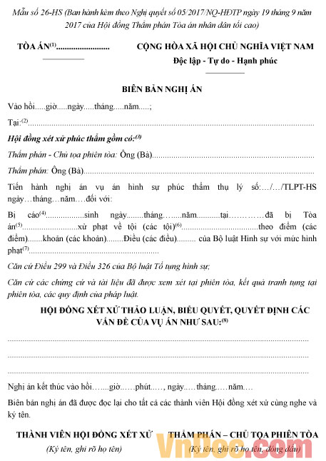 Mẫu số 26-HS: Biên bản nghị án