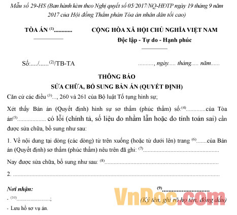 Mẫu số 29-HS: Thông báo sửa chữa, bổ sung bản án