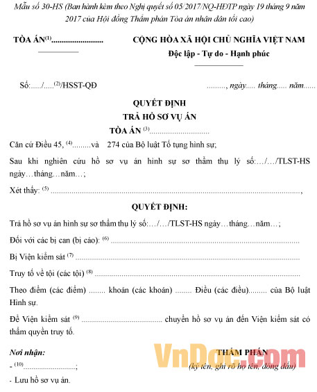 Mẫu số 30-HS: Quyết định trả hồ sơ vụ án