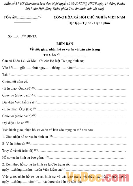 Mẫu số 31-HS: Biên bản về việc giao, nhận hồ sơ vụ án và bản cáo trạng