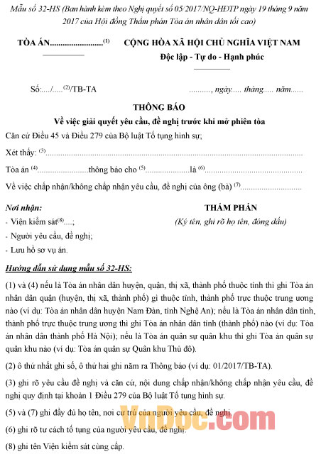Mẫu số 32-HS: Thông báo về việc giải quyết yêu cầu, đề nghị trước khi mở phiên tòa