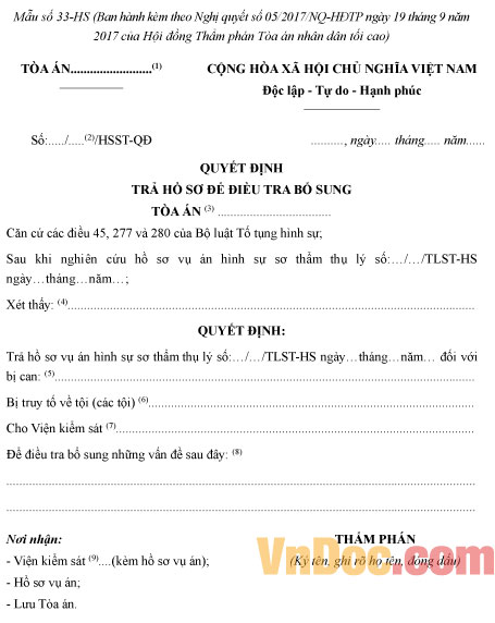 Mẫu số 33-HS: Quyết định trả hồ sơ để điều tra bổ sung