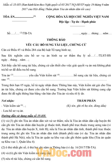 Mẫu số 35-HS: Thông báo yêu cầu bổ sung tài liệu, chứng cứ