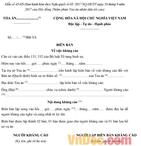 Mẫu số 45-HS: Biên bản về việc kháng cáo