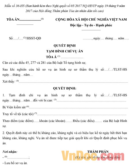 Mẫu số 36-HS: Quyết định tạm đình chỉ vụ án