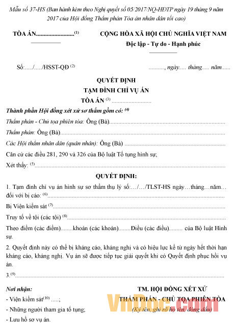 Mẫu số 37-HS: Quyết định tạm đình chỉ vụ án