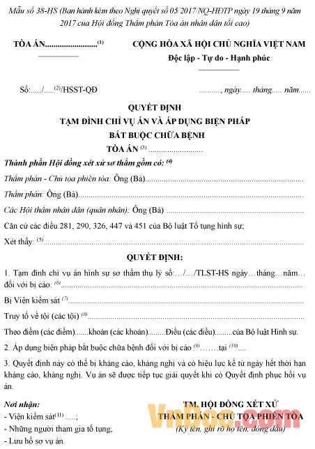 Mẫu số 38-HS: Quyết định tạm đình chỉ vụ án và áp dụng biện pháp bắt buộc chữa bệnh