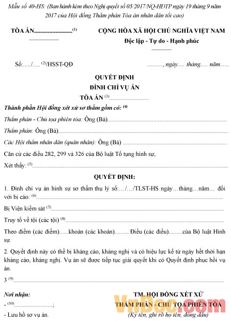 Mẫu số 40-HS: Quyết định đình chỉ vụ án 