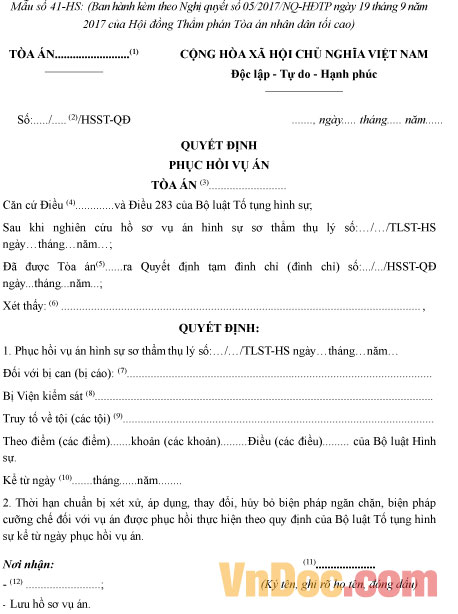 Mẫu số 41-HS: Quyết định phục hồi vụ án 