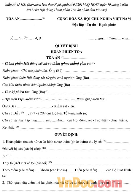 Mẫu số 43-HS: Quyết định hoãn phiên tòa 