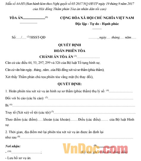 Mẫu số 44-HS: Quyết định hoãn phiên tòa