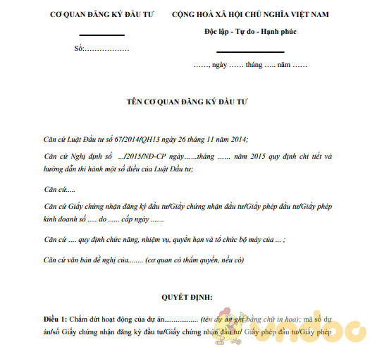 Mẫu Quyết định chấm dứt hoạt động của dự án đầu tư
