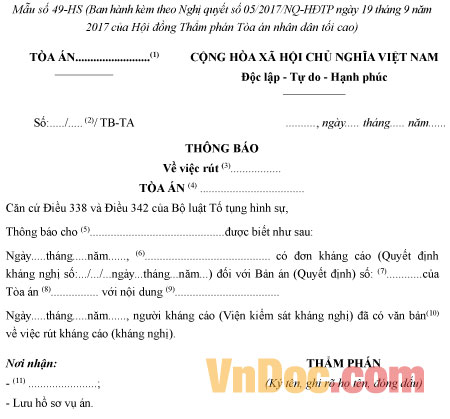 Mẫu số 49-HS: Thông báo về việc rút kháng cáo, kháng nghị
