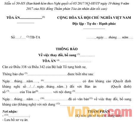 Mẫu số 50-HS: Thông báo về việc thay đổi, bổ sung kháng cáo, kháng nghị