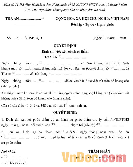 Mẫu số 51-HS: Quyết định đình chỉ việc xét xử phúc thẩm