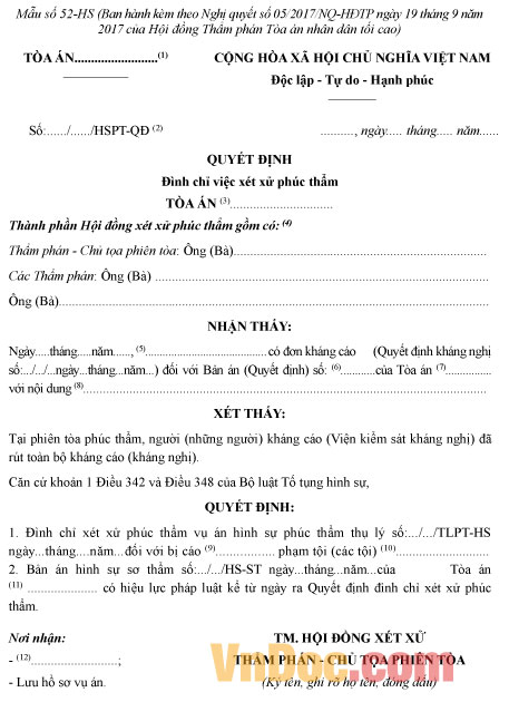 Mẫu số 52-HS: Quyết định đình chỉ việc xét xử phúc thẩm