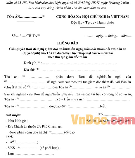 Mẫu số 55-HS: Thông báo giải quyết đơn đề nghị giám đốc thẩm