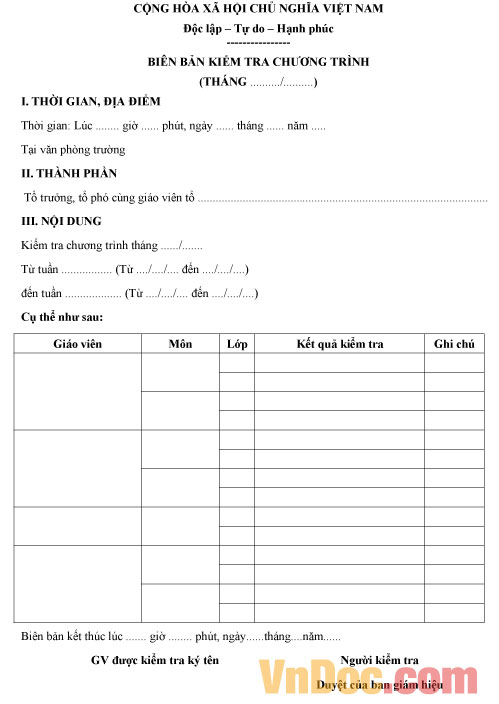 Mẫu biên bản kiểm tra chương trình