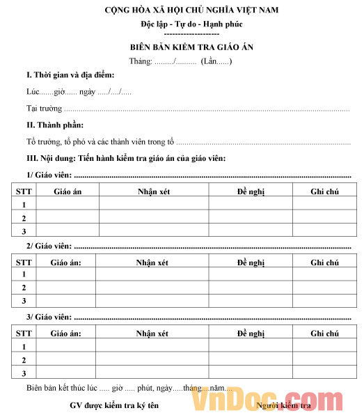 Mẫu biên bản kiểm tra giáo án