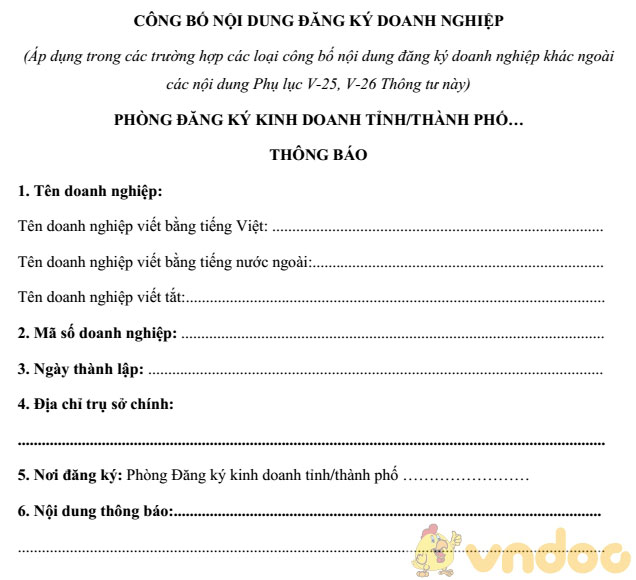 Mẫu công bố nội dung đăng ký doanh nghiệp