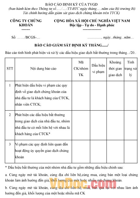 Mẫu báo cáo giám sát định kỳ theo tháng của thành viên giao dịch chứng khoán