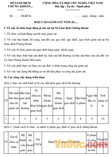Mẫu báo cáo giám sát năm của Sở giao dịch chứng khoán