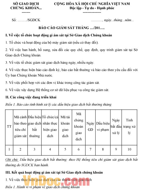 Mẫu báo cáo giám sát theo tháng của Sở giao dịch chứng khoán