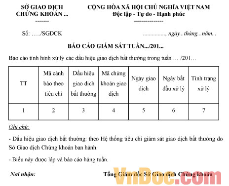 Mẫu báo cáo giám sát theo tuần của Sở giao dịch chứng khoán